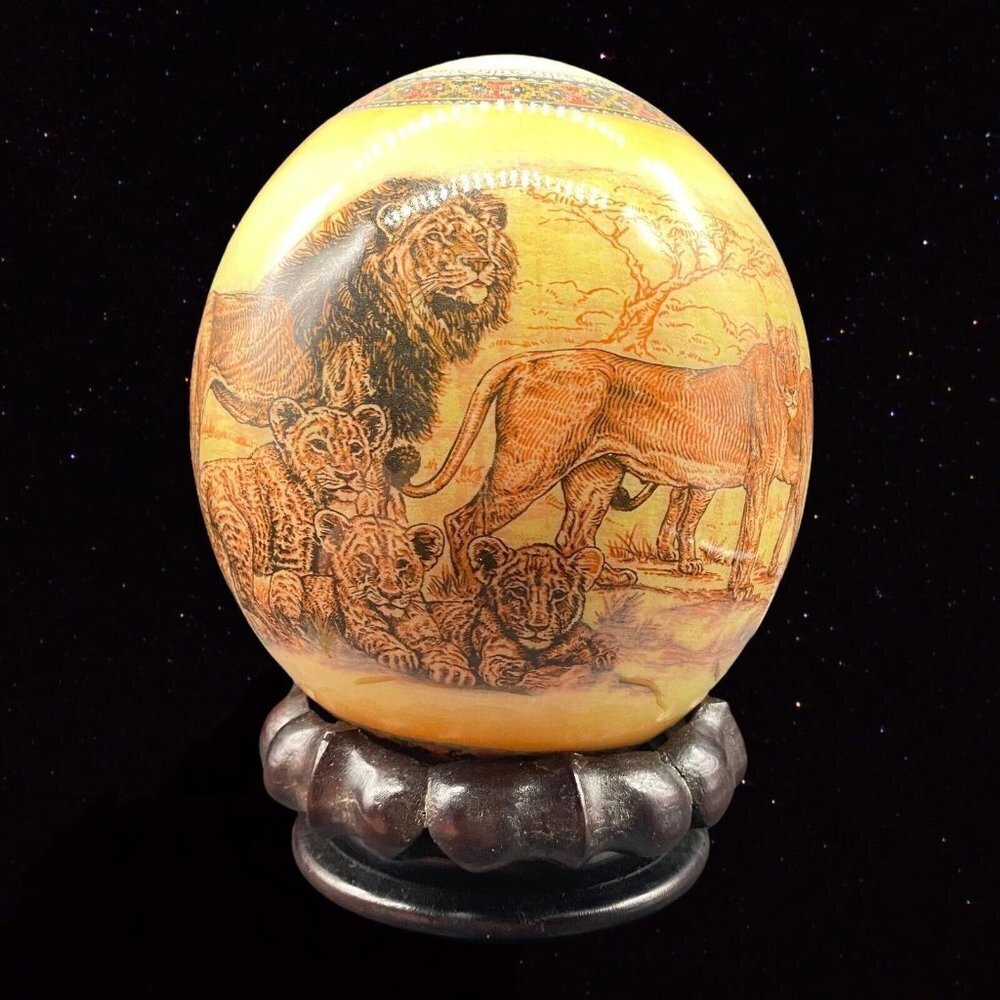 Ostrich Egg Decoupage Africa Map Safari Animals Stand Hou Lion Family 6”T 5”W